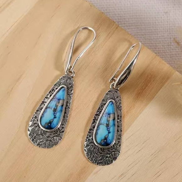 Boho Dangle Drop Earrings Metal Carved Pattern 925 Silver Plated - Picture 7 of 9